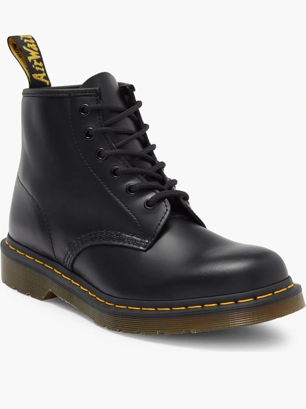 Dr. Martens Black Leather 8-Eye Lace Boot with Yellow Stitching